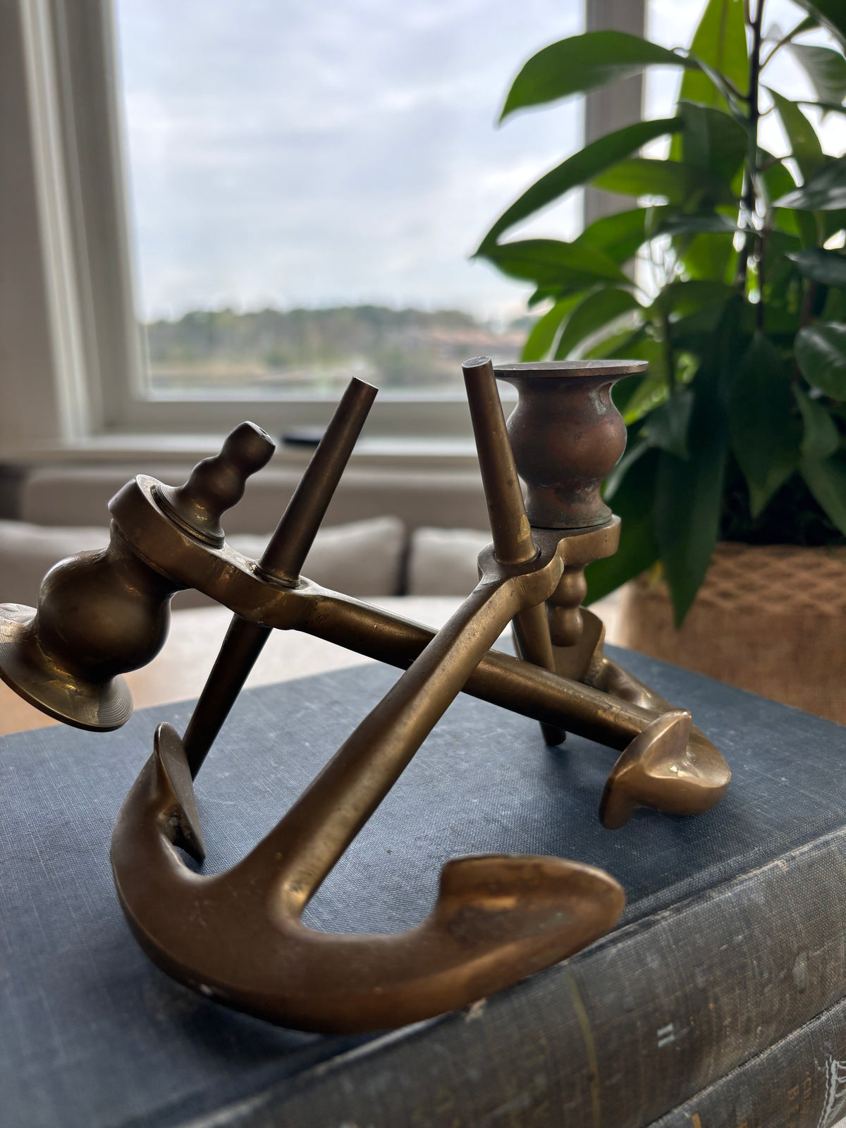 Vintage Solid Brass Anchor Candleholders, Pair
