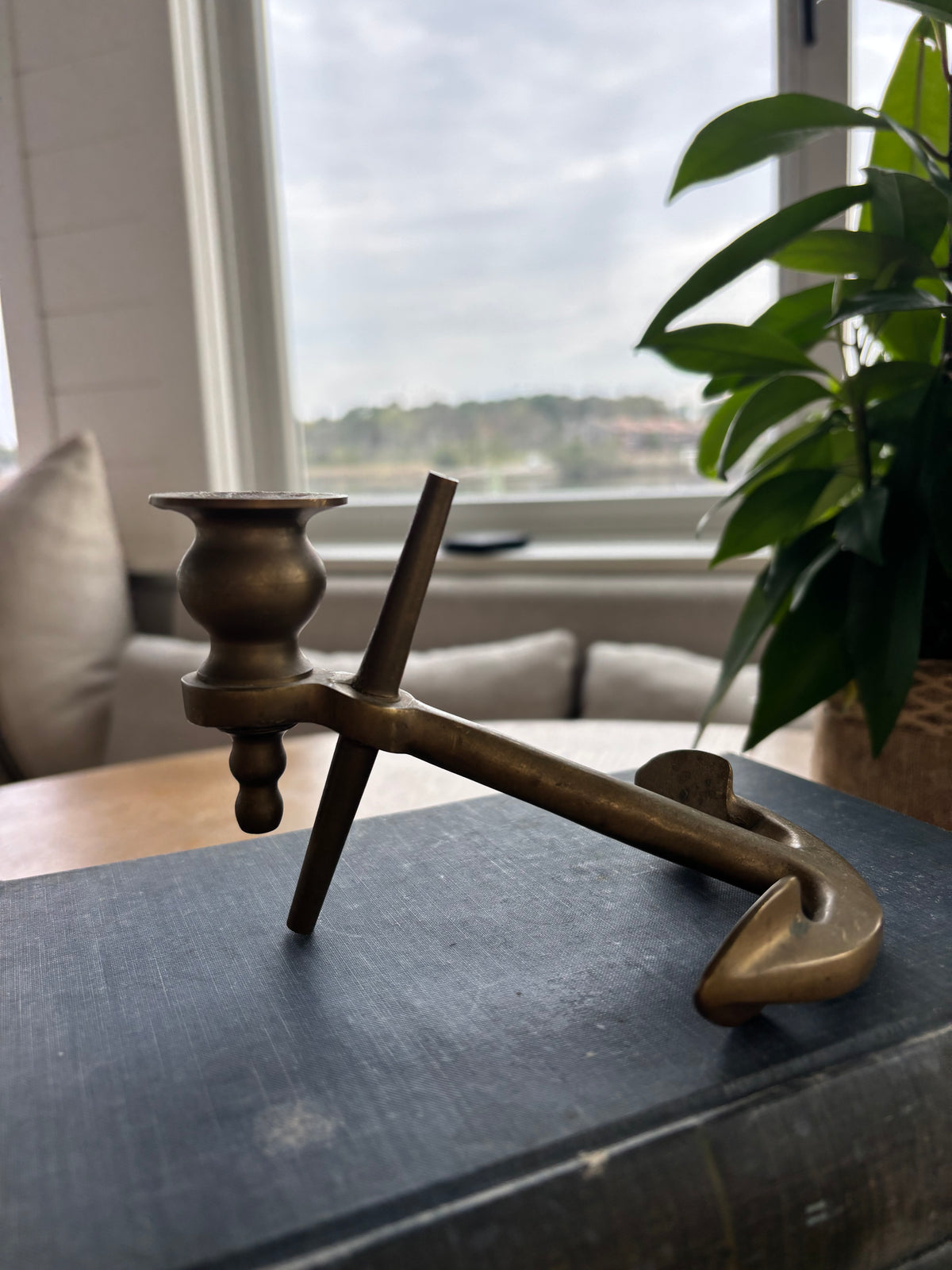 Vintage Solid Brass Anchor Candleholders, Pair