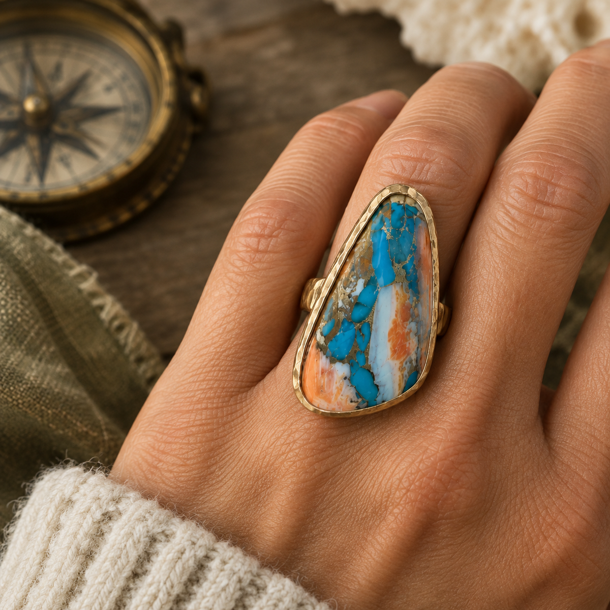 Front view of Barse Spiny Oyster and Turquoise Matrix bronze statement ring