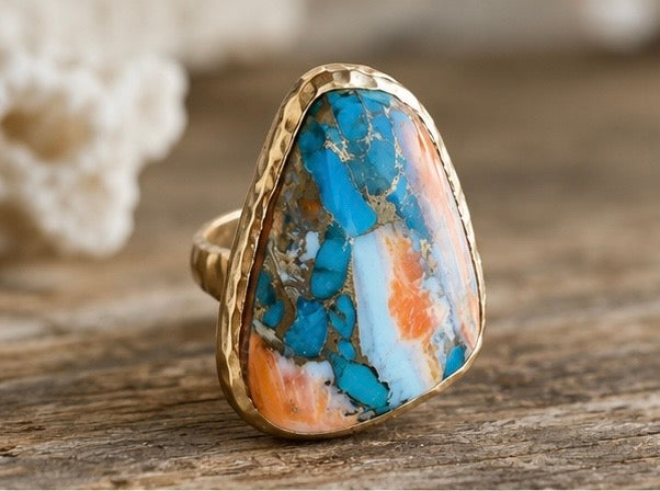 Side view of Barse statement ring showing bronze band and setting