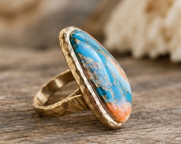 Barse Spiny Oyster and Turquoise Matrix statement ring shown on a hand